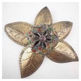 Flower Brooch - Vintage Gold-Tone With Multicolor Rhinestones & Pink Center