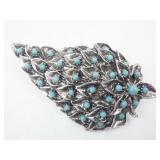 Leaf-Shaped Silver-Tone Brooch with Turquoise Cabochons