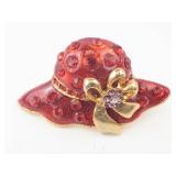 Red Rhinestone Hat Brooch with Gold Bow - Vintage-Style Costume Jewelry