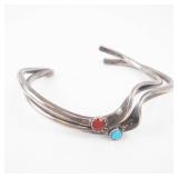 Sterling Silver Cuff Bracelet - Red Coral & Turquoise Bezel Set