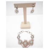 Filigree Silver-Tone Jewelry Set with Blue Glass Stones - Earrings & Bracelet