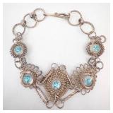 Filigree Silver-Tone Jewelry Set with Blue Glass Stones - Earrings & Bracelet