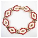 Bracelet - Vintage Gold-Tone Enamel with Red/White Oval Links, 8 Inches