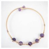Bracelet - Purple Bead Wire-Wrapped with Gold-Tone Wire