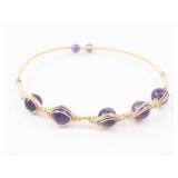 Bracelet - Purple Bead Wire-Wrapped with Gold-Tone Wire