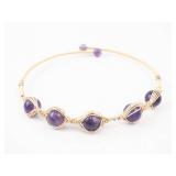Bracelet - Purple Bead Wire-Wrapped with Gold-Tone Wire