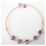 Bracelet - Purple Bead Wire-Wrapped with Gold-Tone Wire