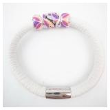 Brighton Enamel Bead Bracelet - White Leather Band Floral Beads and Fabric Pouch