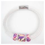 Brighton Enamel Bead Bracelet - White Leather Band Floral Beads and Fabric Pouch