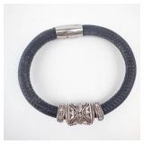 Brighton Black Leather Bracelet With Ornate Filigree Silver Bead Centerpiece and Fabric Pouch