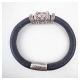 Brighton Black Leather Bracelet With Ornate Filigree Silver Bead Centerpiece and Fabric Pouch