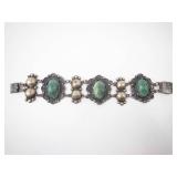 Mexican Sterling Silver Bracelet - Green Cabochons, 925