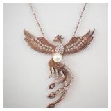 Phoenix Bird Necklace - Rose Gold Tone with Crystals & Pearl Pendant