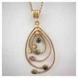Sterling Silver Teardrop Pendant Necklace with Gold-Tone Finish - Multi-Color Cabochons