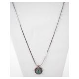 Silver Floral Pendant on 23.5" Chain with Green Cabochon