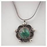 Silver Floral Pendant on 23.5" Chain with Green Cabochon