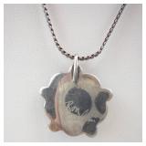 Silver Floral Pendant on 23.5" Chain with Green Cabochon