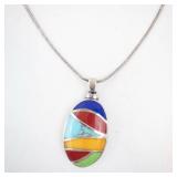 Sterling Silver 925 Italy Multicolor Inlay Oval Pendant Necklace