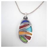 Sterling Silver 925 Italy Multicolor Inlay Oval Pendant Necklace