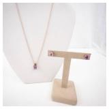 Amethyst Pendant Necklace with Stud Earrings - Rose Gold Tone, 16-inch Chain