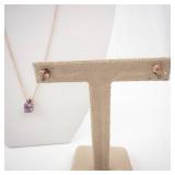 Amethyst Pendant Necklace with Stud Earrings - Rose Gold Tone, 16-inch Chain