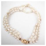 3-Strand Freshwater Pearl Necklace with Gold-tone Filigree Clasp -clasp 14k