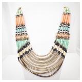 Beaded Multi-Strand Necklace - Turquoise, Peach & Cream With Gold Arched Tubes
