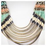 Beaded Multi-Strand Necklace - Turquoise, Peach & Cream With Gold Arched Tubes