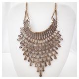 Gold-Tone Layered Bib Necklace with Cascading Fringe Drops - Statement Jewelry