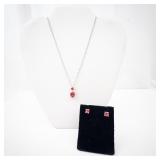 Pink-Red Gem Pendant Necklace on 925 Sterling Silver Chain + Stud Earrings