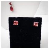 Pink-Red Gem Pendant Necklace on 925 Sterling Silver Chain + Stud Earrings