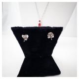 Pink-Red Gem Pendant Necklace on 925 Sterling Silver Chain + Stud Earrings
