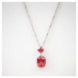 Pink-Red Gem Pendant Necklace on 925 Sterling Silver Chain + Stud Earrings