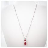 Pink-Red Gem Pendant Necklace on 925 Sterling Silver Chain + Stud Earrings