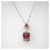 Pink-Red Gem Pendant Necklace on 925 Sterling Silver Chain + Stud Earrings