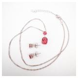 Pink-Red Gem Pendant Necklace on 925 Sterling Silver Chain + Stud Earrings