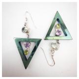 Peridot & Amethyst Triangle Drop Earrings - Geometric Double-Triangle (Lot of 2)