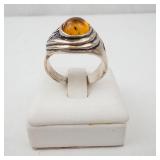Amber Cabochon Ring - Sterling Silver 925, Size 8