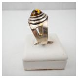 Amber Cabochon Ring - Sterling Silver 925, Size 8