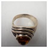Amber Cabochon Ring - Sterling Silver 925, Size 8