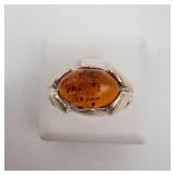 Sterling Silver Amber Ring - Size 5.75