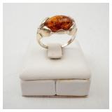 Sterling Silver Amber Ring - Size 5.75