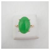 Vermeil Ring - Green Oval Cabochon Stone (Possibly Jade?), Sterling Silver 925. Size 7.5