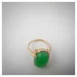 Vermeil Ring - Green Oval Cabochon Stone (Possibly Jade?), Sterling Silver 925. Size 7.5