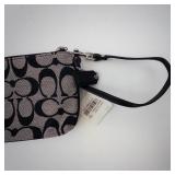 Coach Signature Monogram Wristlet - Black/Beige Fabric, Teal Interior