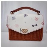 Floral White Leather Flap Handbag with Brown Crochet-Woven Body & Heart Clasp