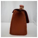 Floral White Leather Flap Handbag with Brown Crochet-Woven Body & Heart Clasp