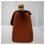 Floral White Leather Flap Handbag with Brown Crochet-Woven Body & Heart Clasp