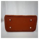 Floral White Leather Flap Handbag with Brown Crochet-Woven Body & Heart Clasp