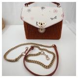 Floral White Leather Flap Handbag with Brown Crochet-Woven Body & Heart Clasp